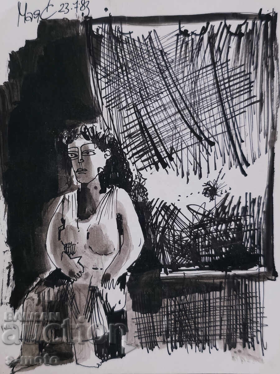 Δημοπρασία Αφηρημένη εικόνα με μελάνι, υπογεγραμμένη, 1983