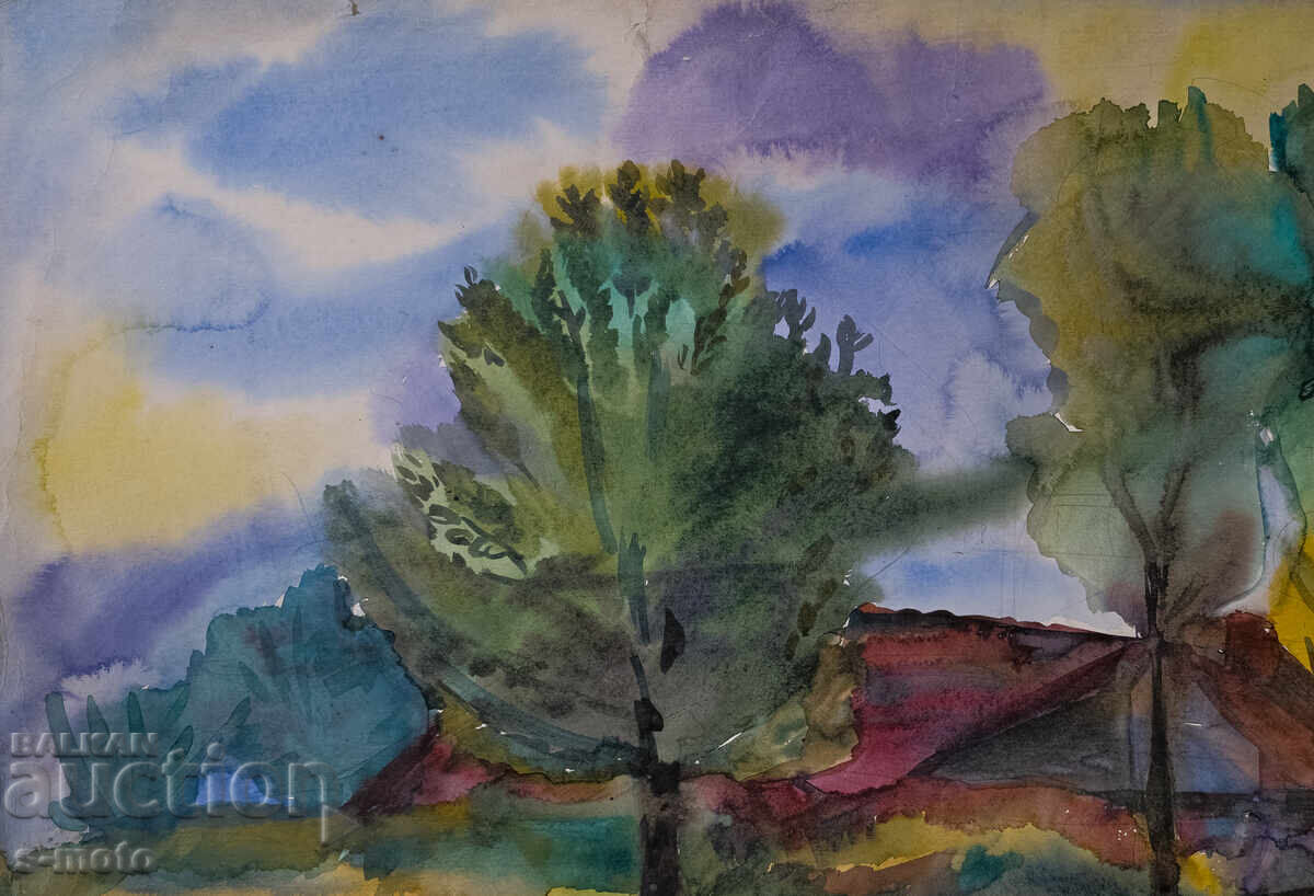 Δημοπρασία Παλιός πίνακας ακουαρέλα τοπίο