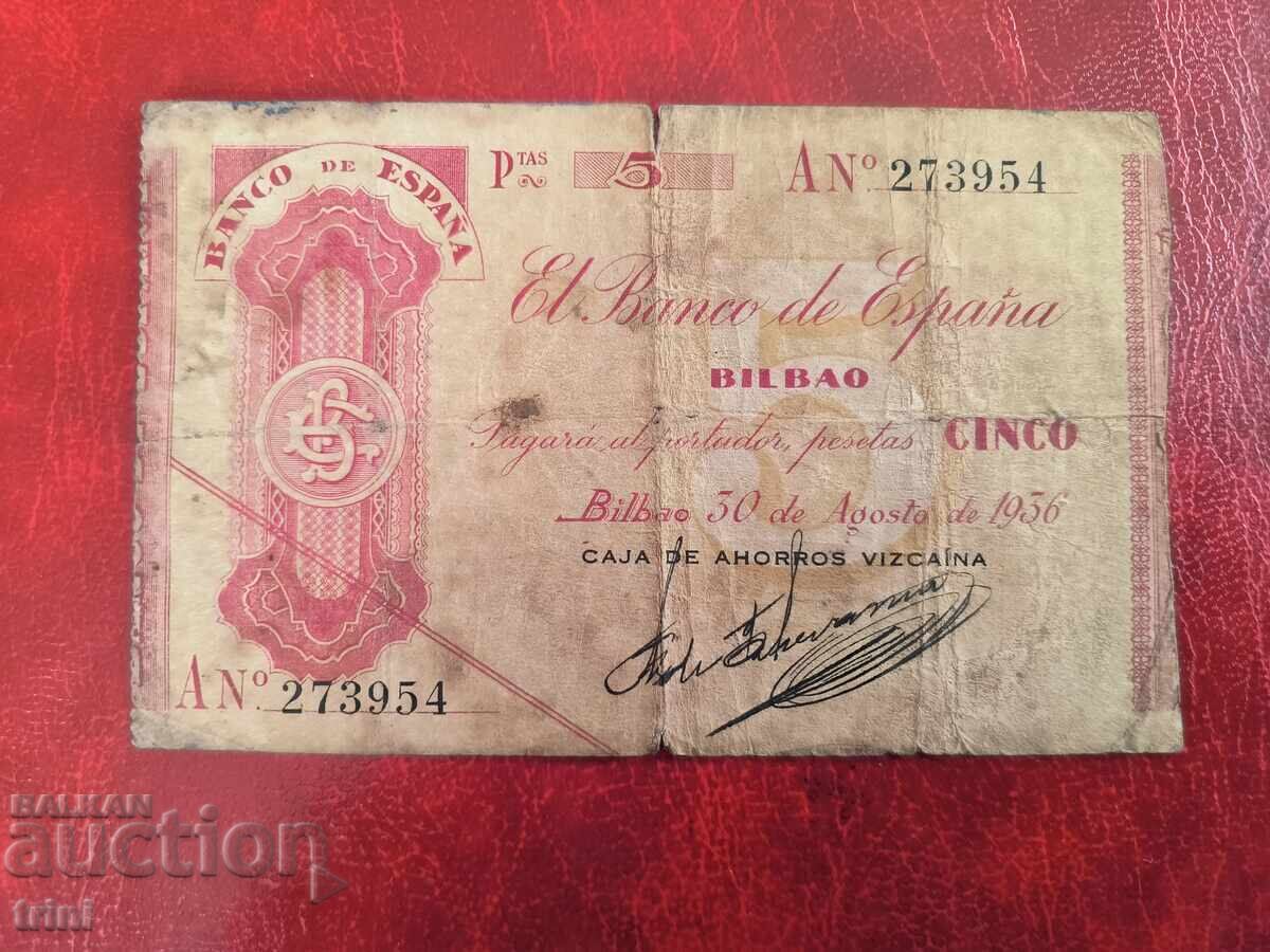 ИСПАНИЯ 5 песети 1936 година Билбао