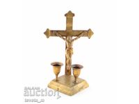 Veche cruce de bronz cu 2 sfeșnice Franța secolul al XIX-lea