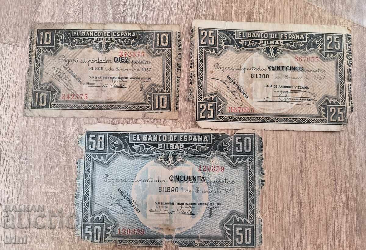 10, 25 και 50 πεσέτες του 1937 Μπιλμπάο