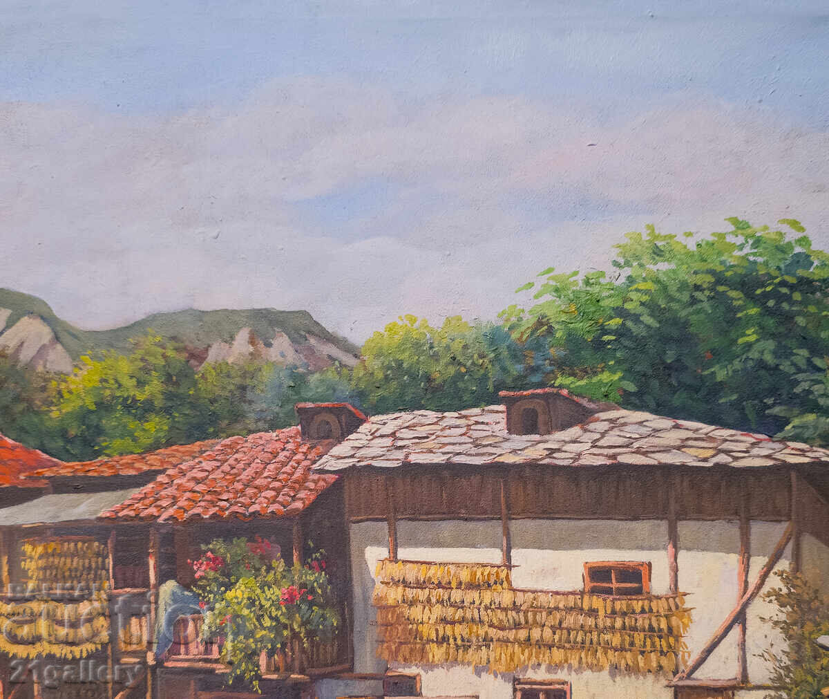 Licitație Culori de ulei, peisaj rural, case semnate