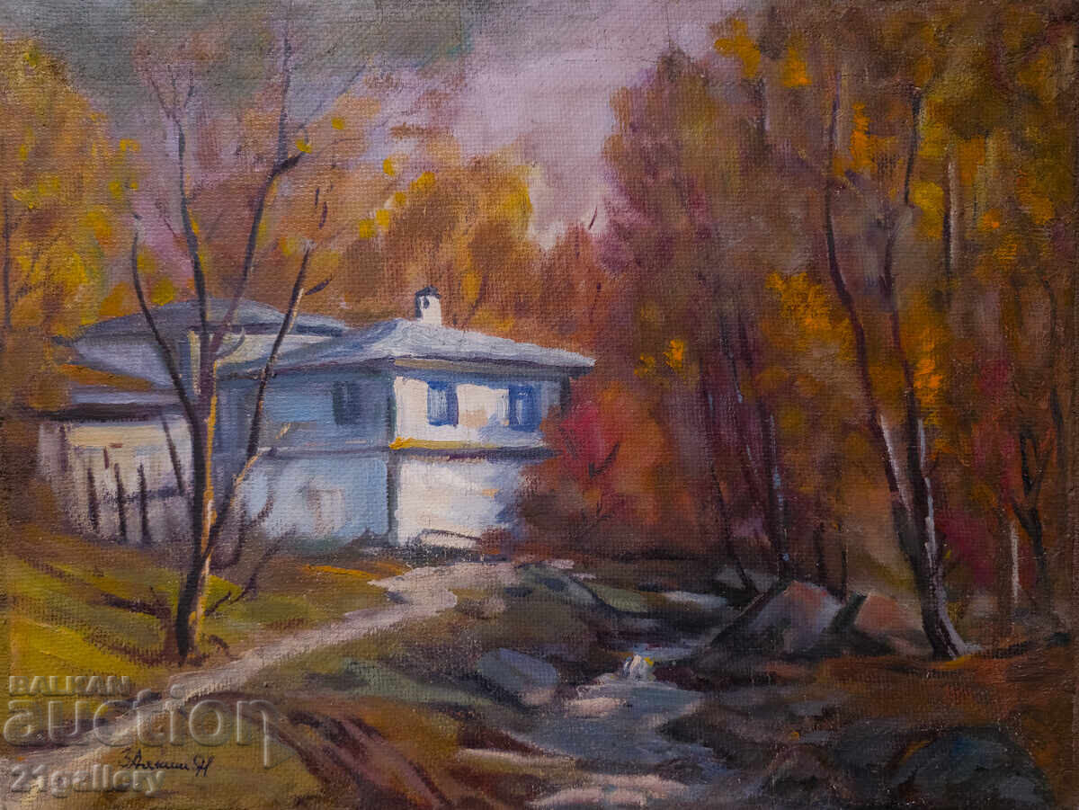 Oil paints, rural landscape, houses with price 450.00 BGN | € 230.08 Oil paints, rural landscape, houses with price 450.00 BGN | € 230.08