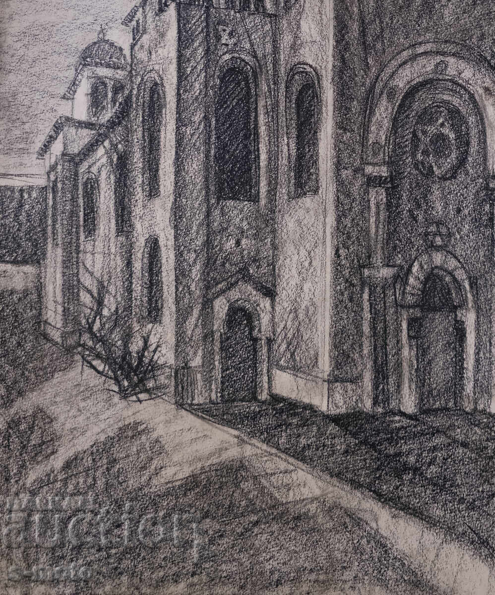 Delivery of Old charcoal drawing landscape synagogue