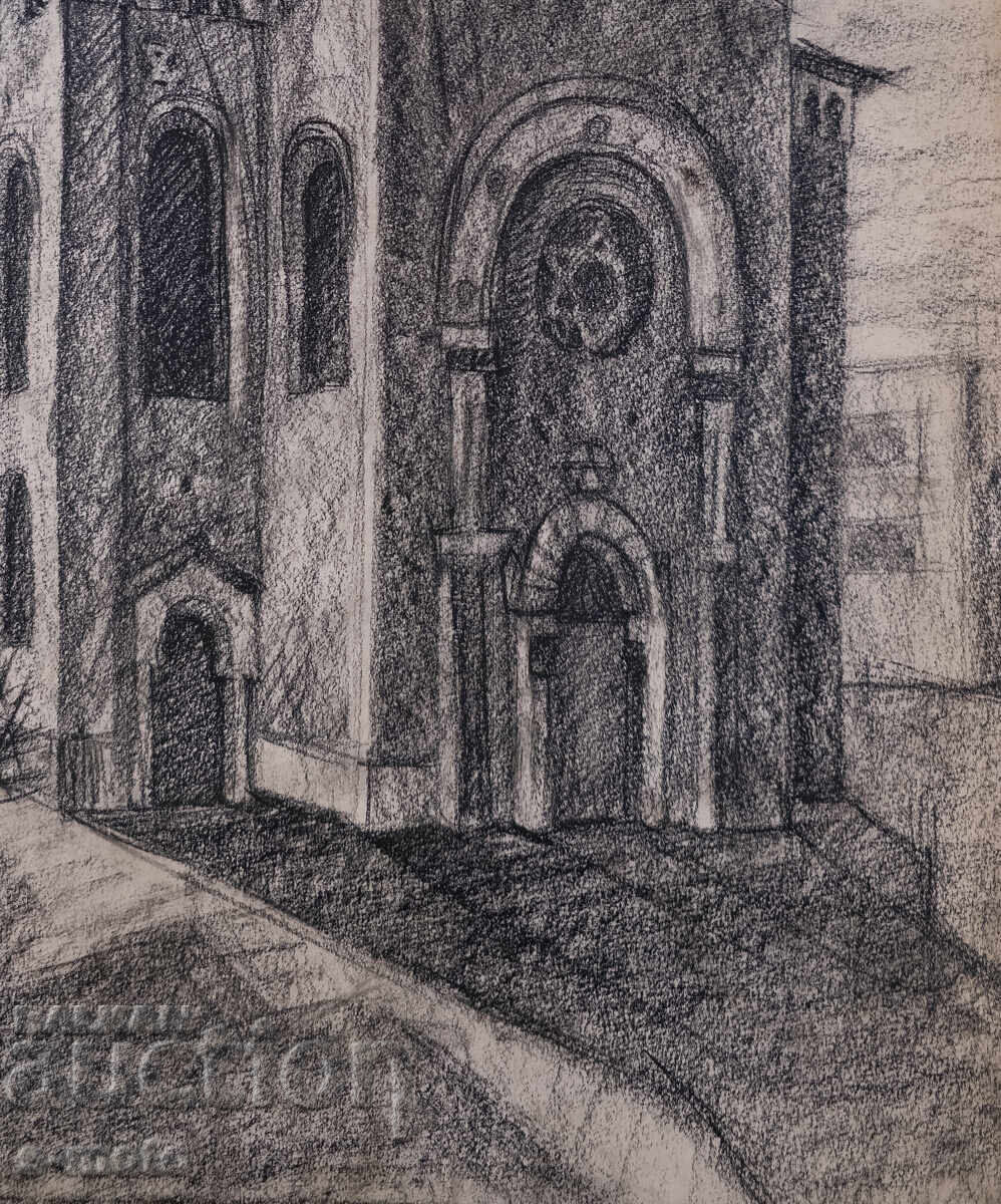 Old charcoal drawing landscape synagogue - 5