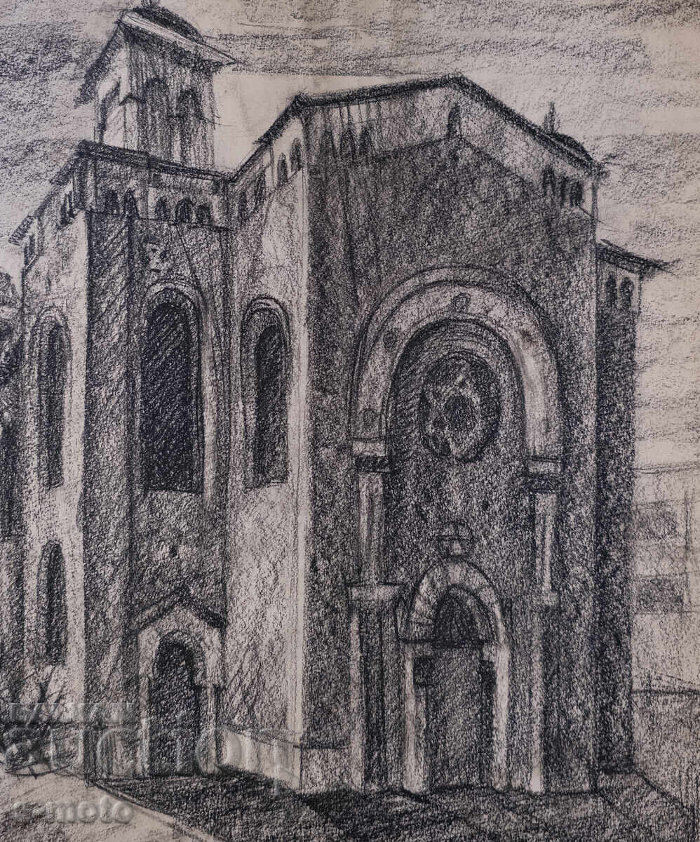 Old charcoal drawing landscape synagogue - 6
