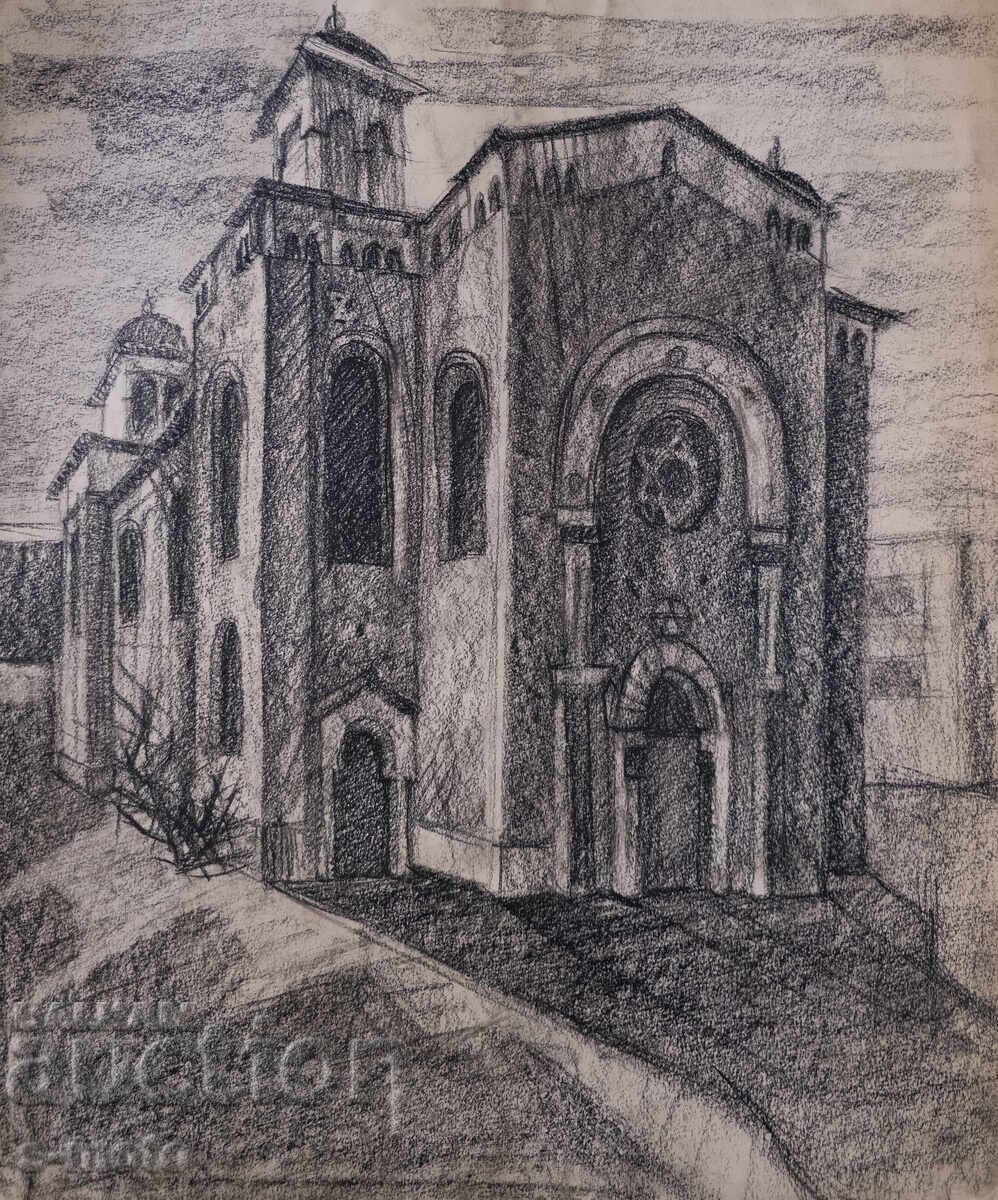 Old charcoal drawing landscape synagogue