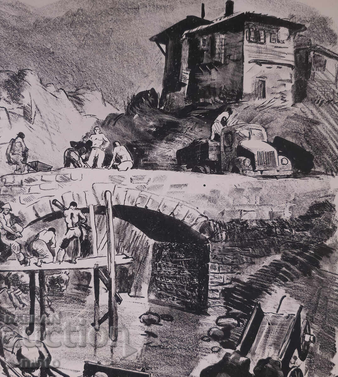 Old graphics, lithograph, bridge construction with price 180.00 BGN | € 92.03