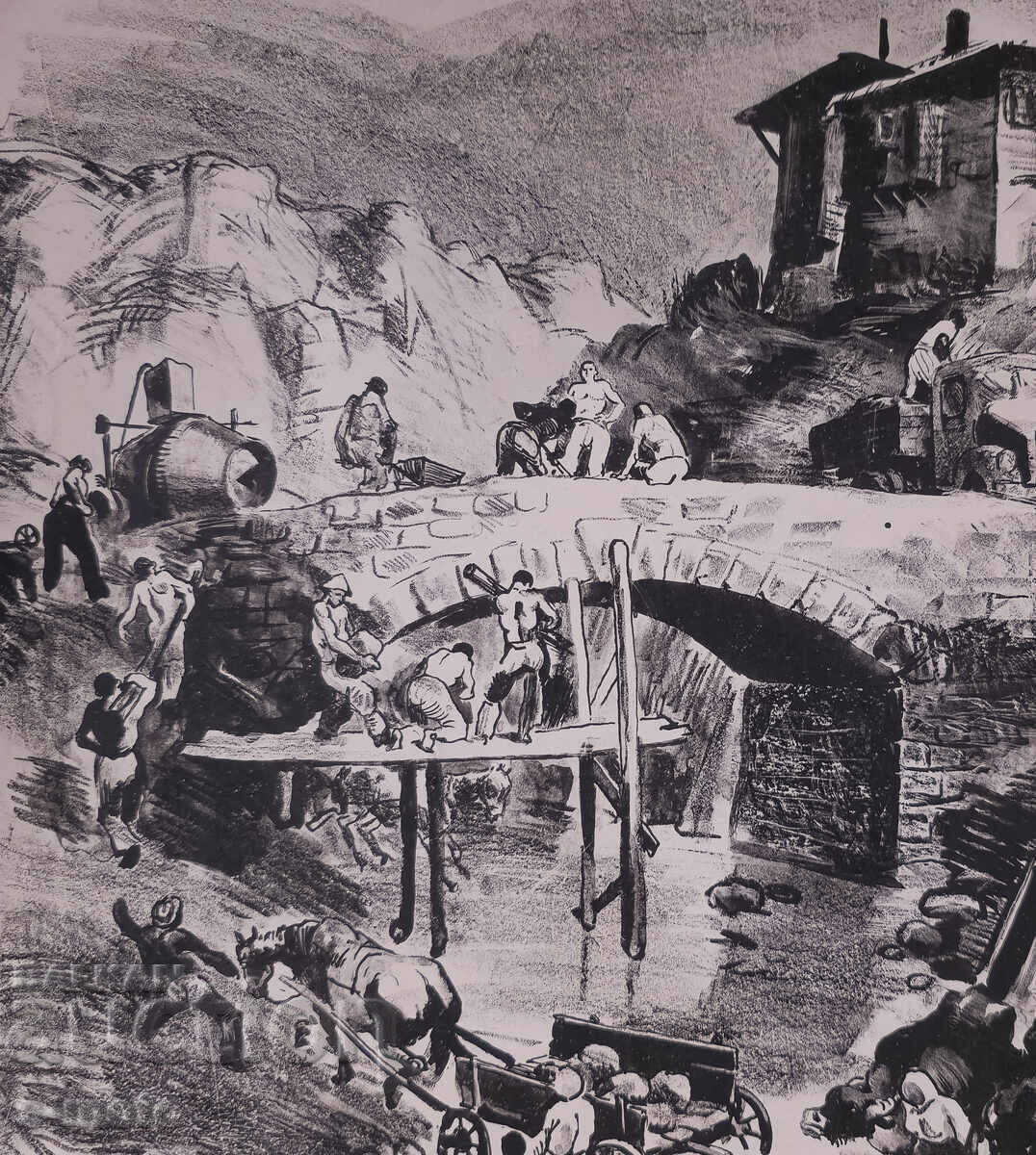 Auction  Old graphics, lithograph, bridge construction