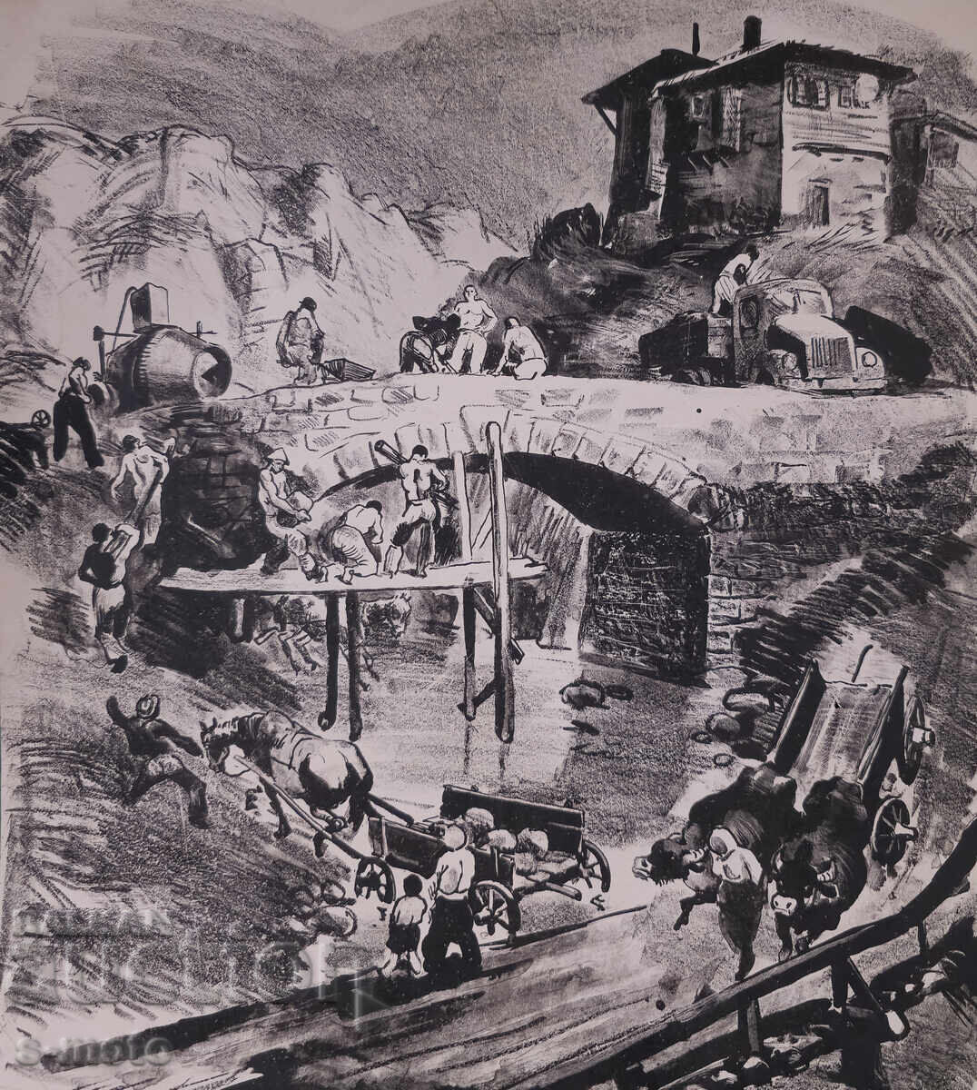 Delivery of Old graphics, lithograph, bridge construction