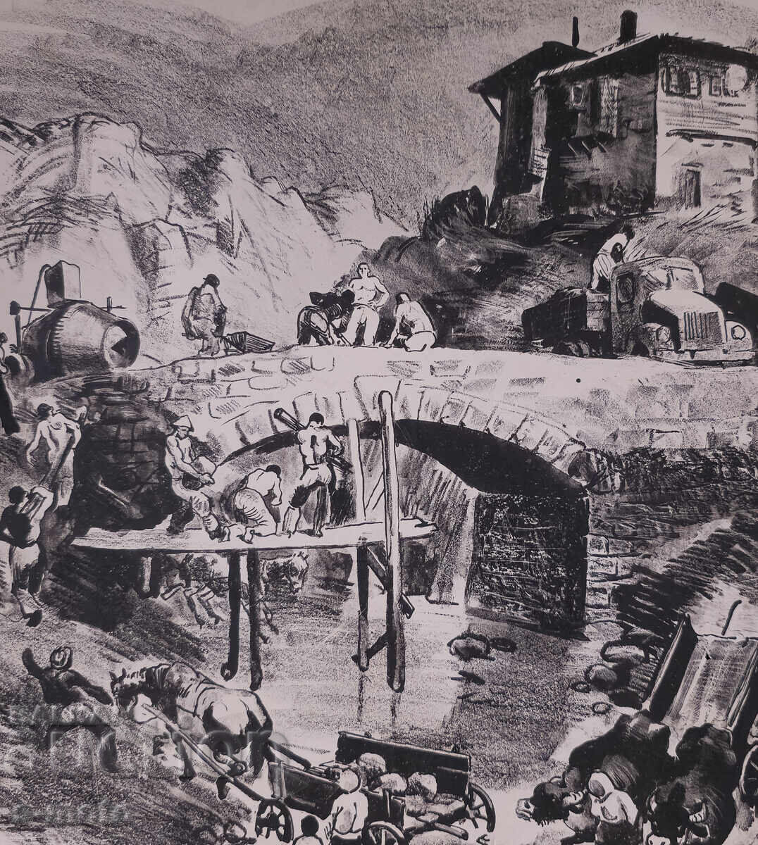 Old graphics, lithograph, bridge construction - 5