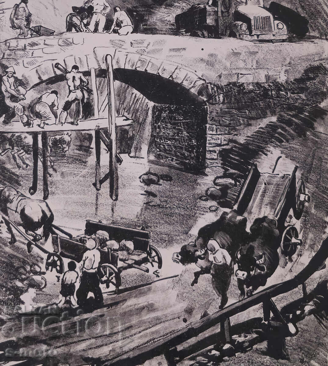 Old graphics, lithograph, bridge construction - 6