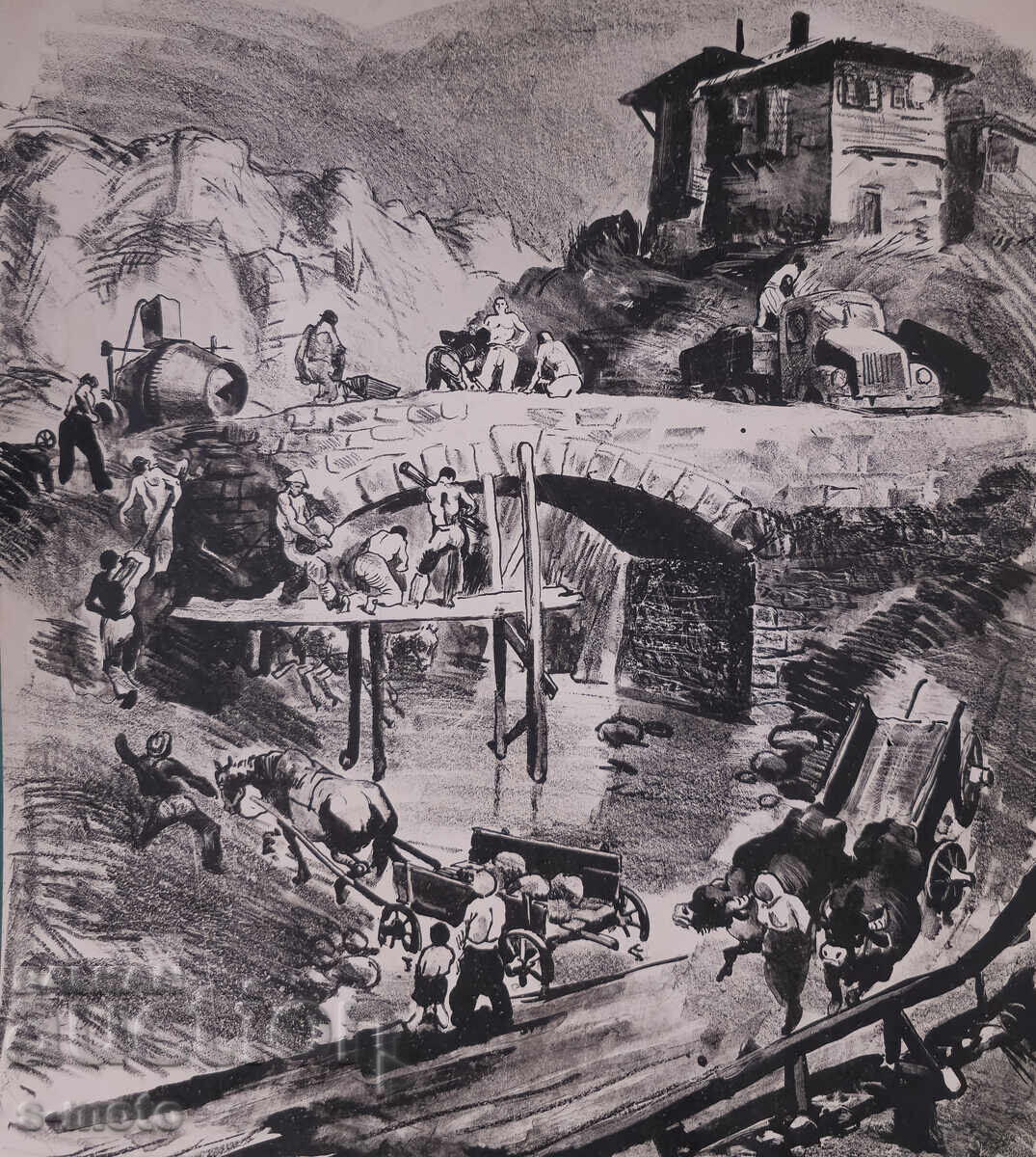Old graphics, lithograph, bridge construction