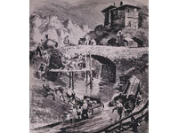 Grafică veche, litografie, construcție de pod