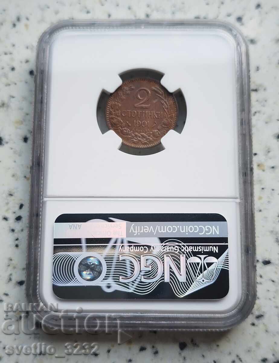 2 стотинки 1901 MS 63 BN NGC с цена 2999.00 лв. | € 1533.36