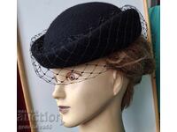 Pălărie ART DECO neagră din fetru cu voal, model vintage, 100% lână