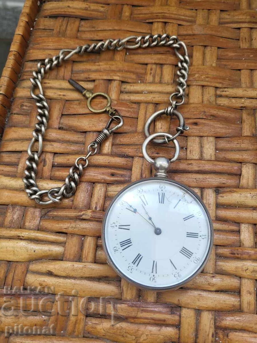 Ασημένιο ρολόι τσέπης με ασημένια αλυσίδα