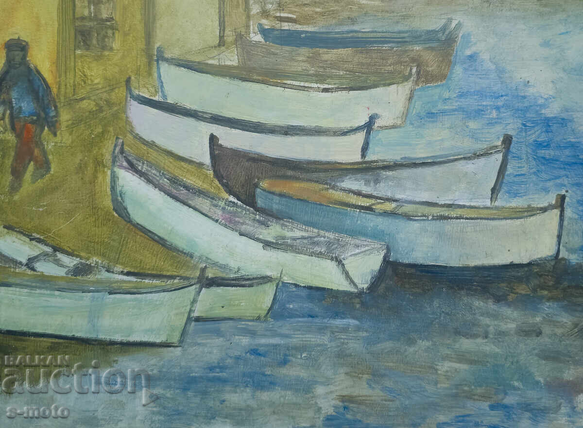 Δημοπρασία Πίνακας του Πέταρ Νένοφ, τοπίο με βάρκες