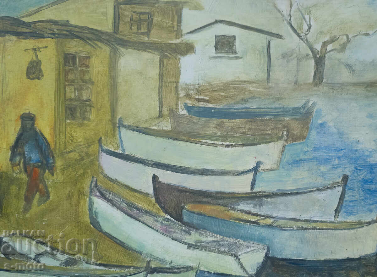 Παράδοση Πίνακας του Πέταρ Νένοφ, τοπίο με βάρκες