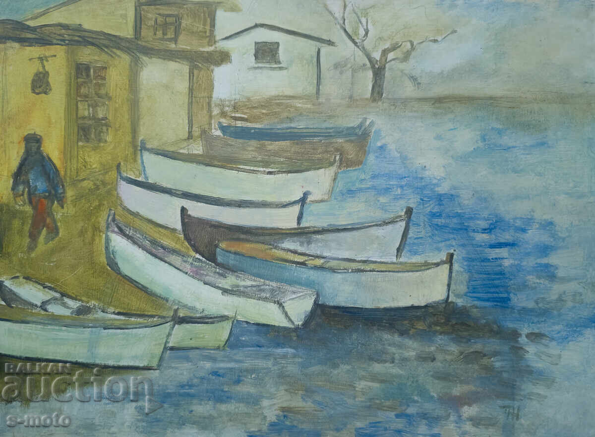 Πίνακας του Πέταρ Νένοφ, τοπίο με βάρκες