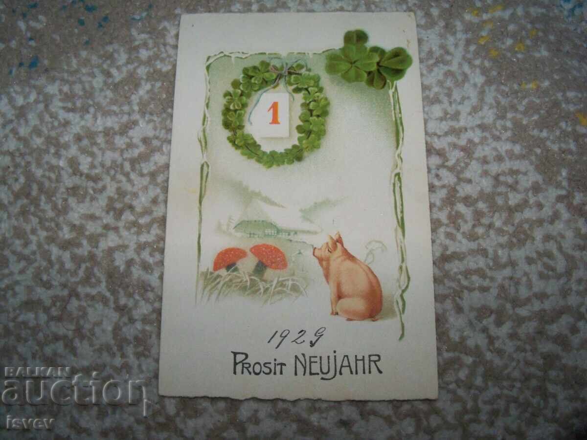 Auction  Old Austrian New Year postcard with a pig, 1928