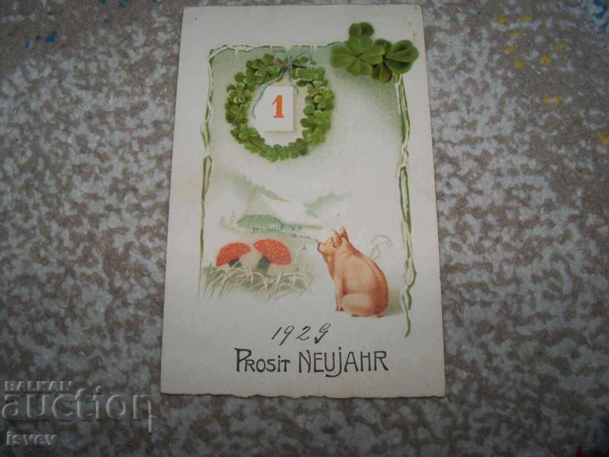 Old Austrian New Year postcard with a pig, 1928