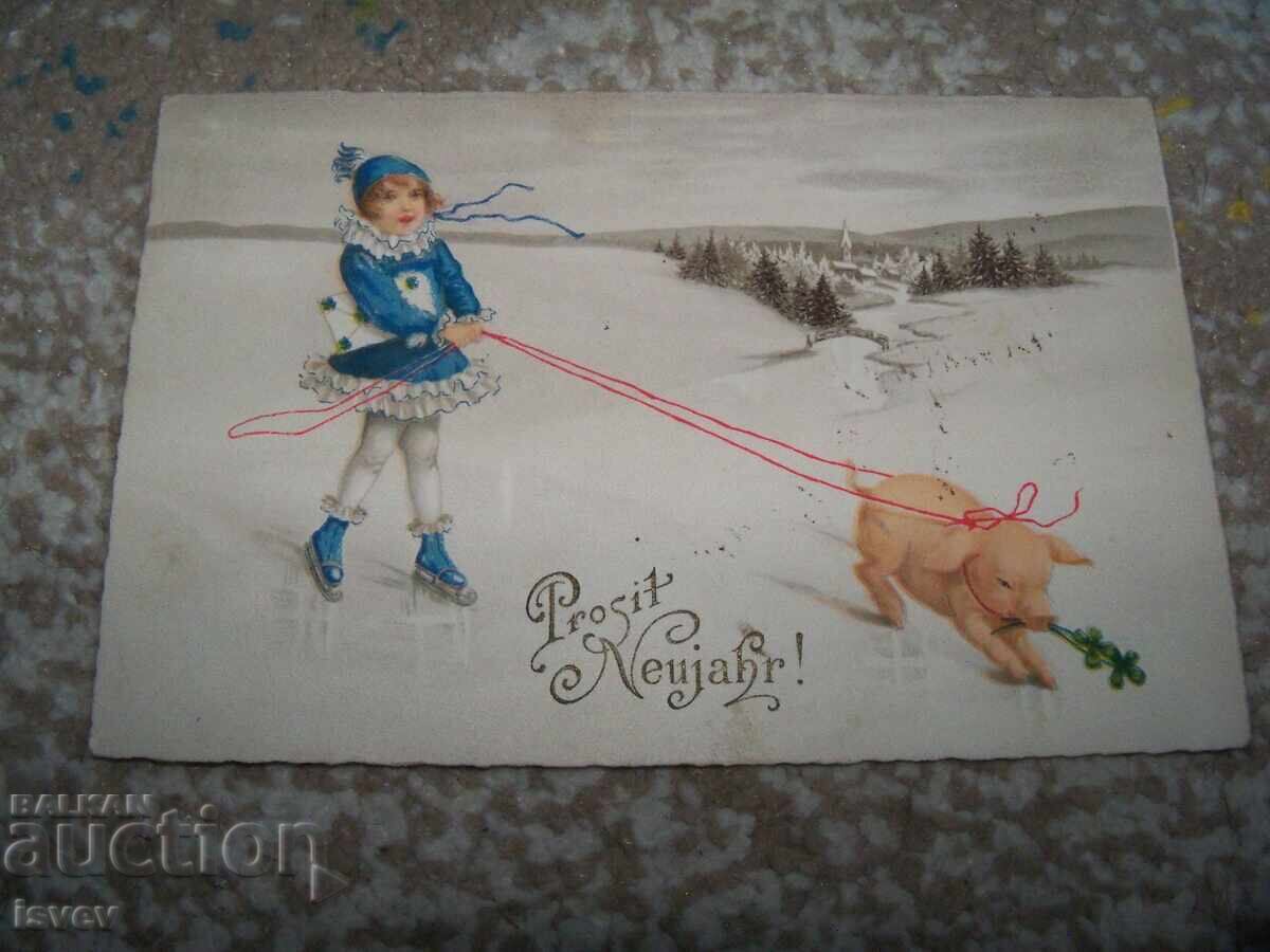 Auction  Old Austrian New Year postcard with a pig, 1928