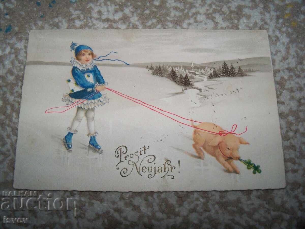 Old Austrian New Year postcard with a pig, 1928