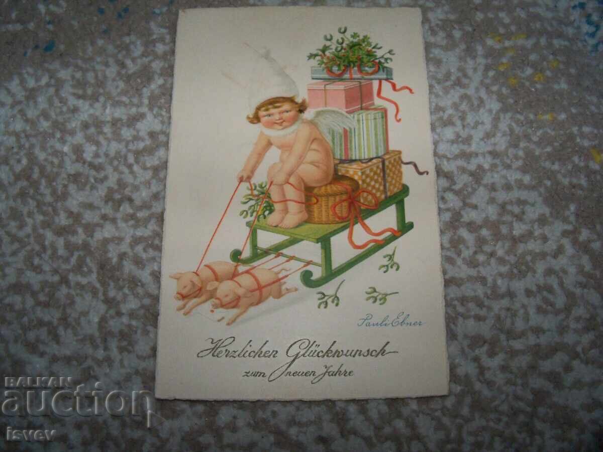 Old Austrian New Year's postcard with pigs