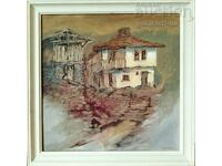 Πίνακας, τοπίο, παλιά σπίτια, ζωγρ. Βασίλ Μπέντσεφ (1945-2014)