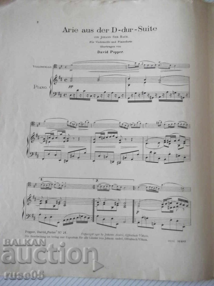 Auction  Sheet Music "Aria from the D Major Suite for Cello...-D. Popper"-4c