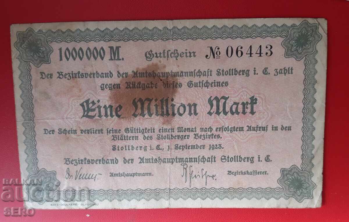 Банкнота-Германия-Саксония-Столберг-1 000000 м. 1923-едностр Банкнота-Германия-Саксония-Столберг-1 000000 м. 1923-едностр