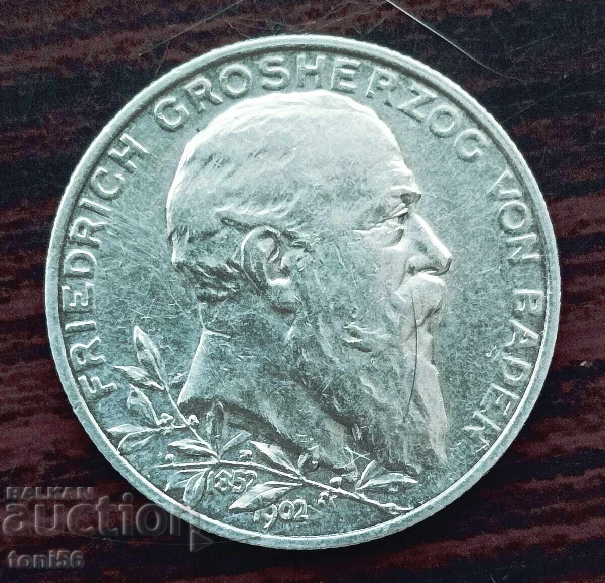 Γερμανία - Βάδη, 2 μάρκα 1902 ασήμι