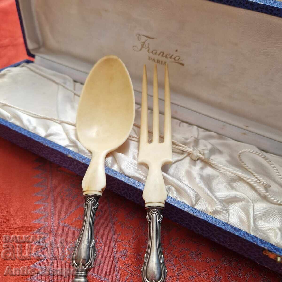 Auction  Silver and Ivory - Antique French Salad Set