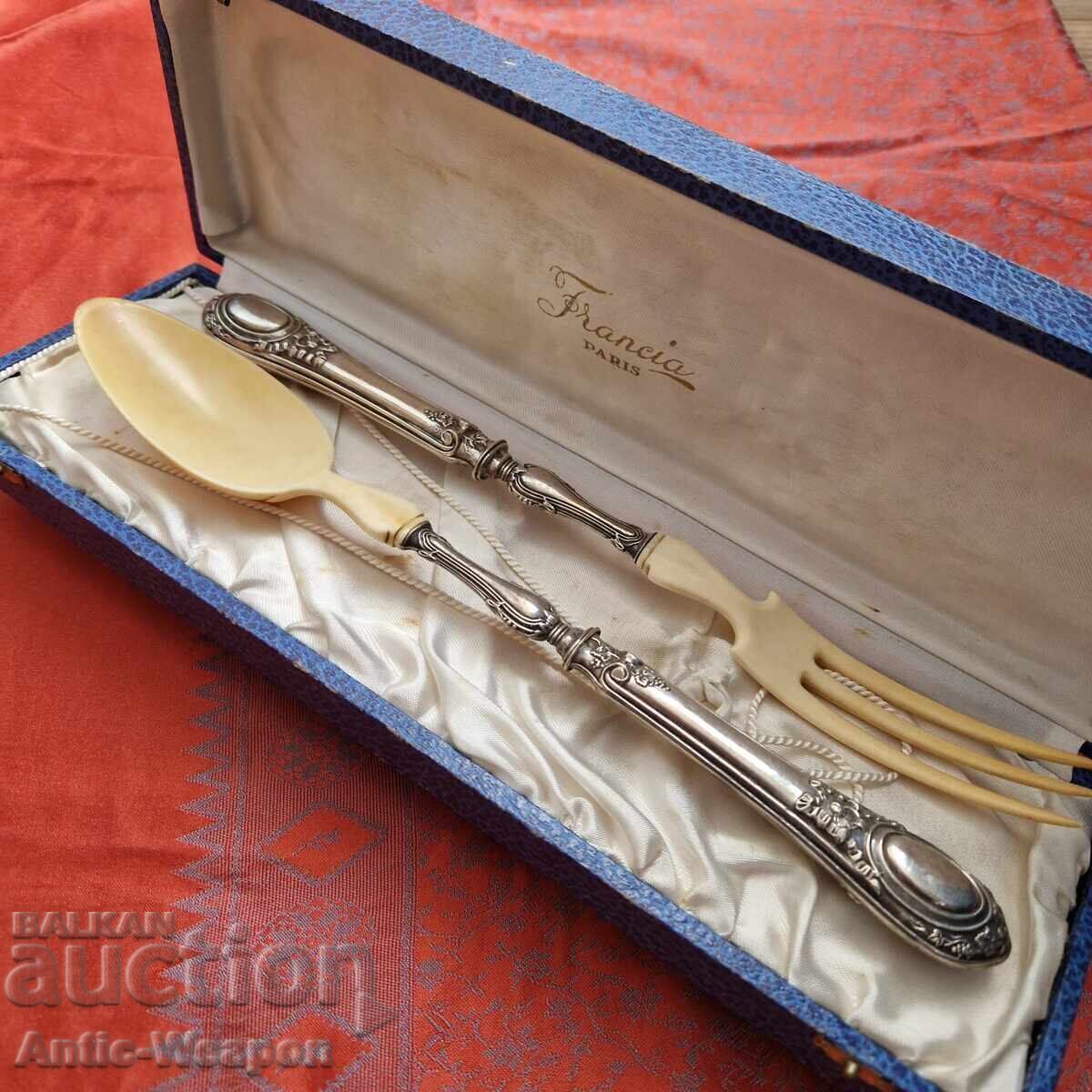 Silver and Ivory - Antique French Salad Set - 5
