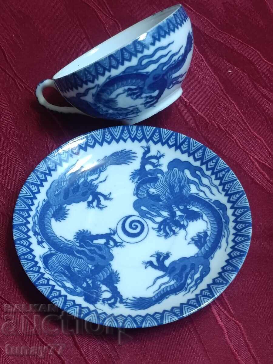 Japanese vintage cup with saucer in cobalt blue dragon - 5