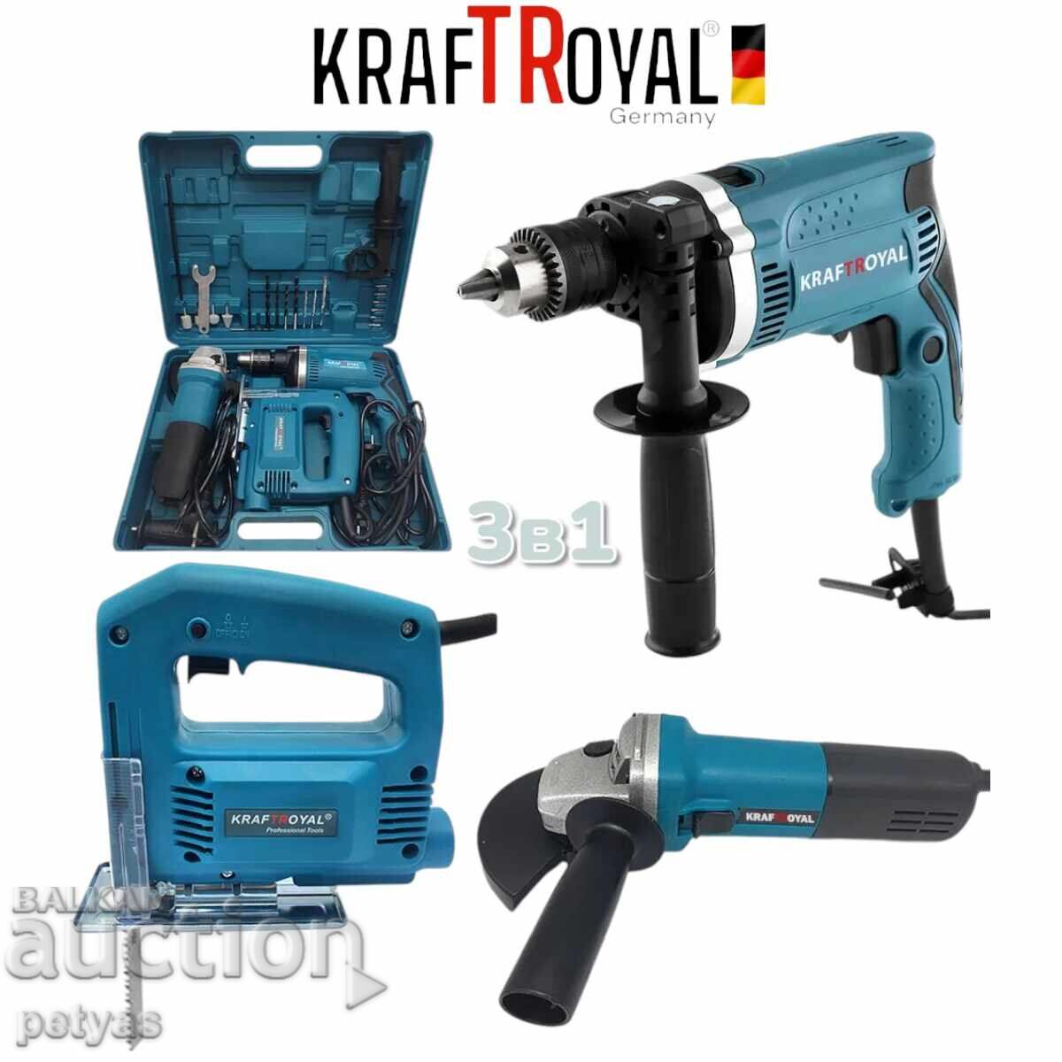 3 în 1 Polizor unghiular, Mașină de găurit și Fierăstrău sabie KRAFTROYAL 3 în 1 Polizor unghiular, Mașină de găurit și Fierăstrău sabie KRAFTROYAL