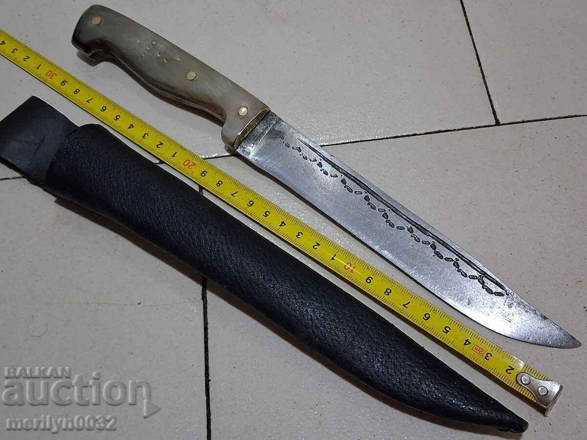 Hand-forged knife with engravings, horn handle without a sheath (shark-like) - 5