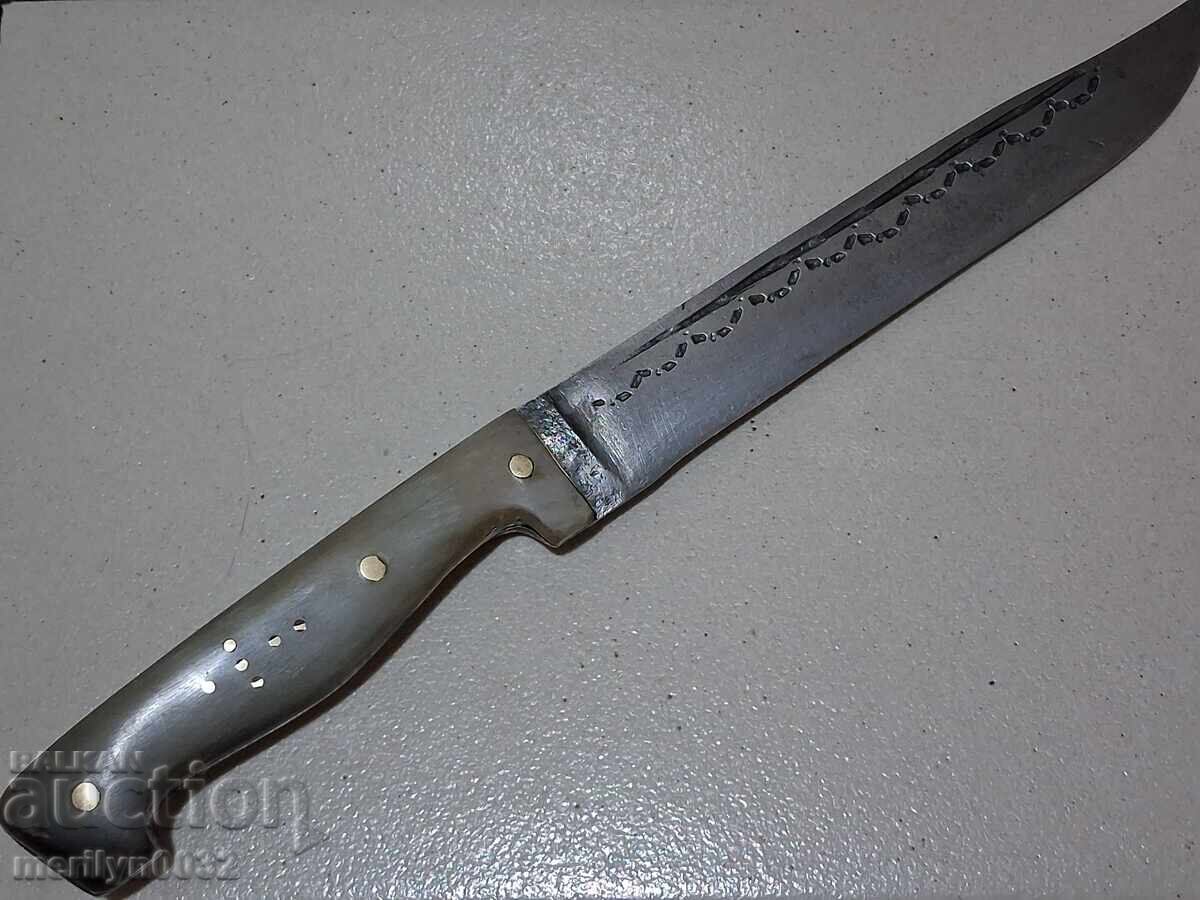Hand-forged knife with engravings, horn handle without a sheath (shark-like) - 7