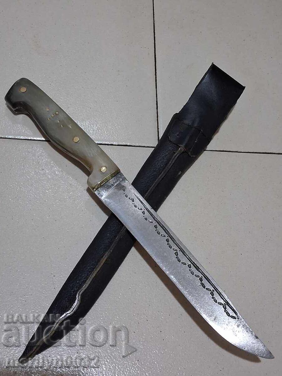 Hand-forged knife with engravings, horn handle without a sheath (shark-like)