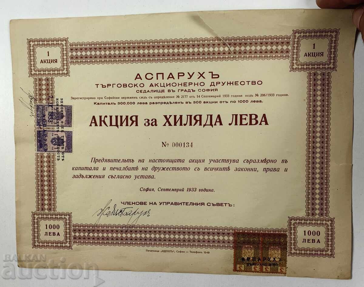 1933 ASPARUH SOFIA OLD SHARE STOCK DOCUMENT SHARE FOR BOND
