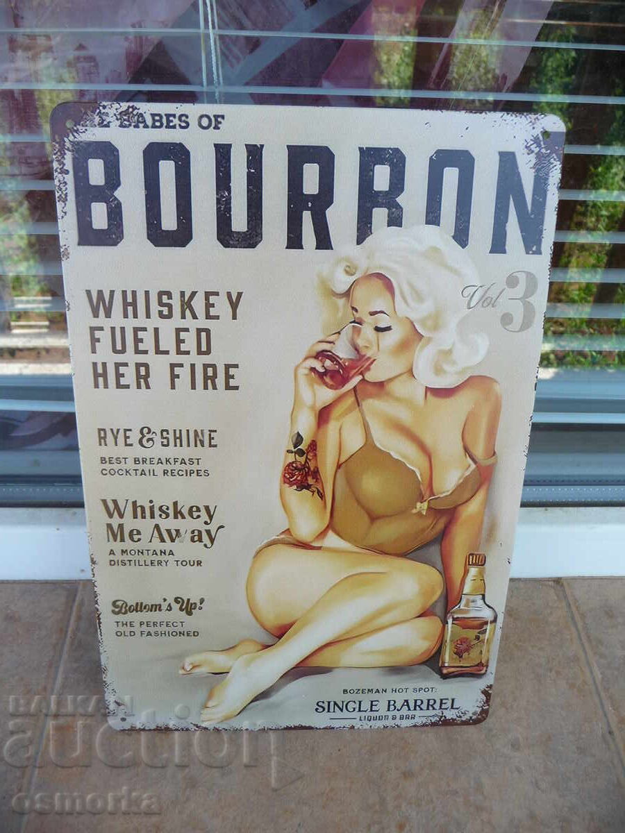 Metal whiskey Bourbon Single Barrel sign lights the fire