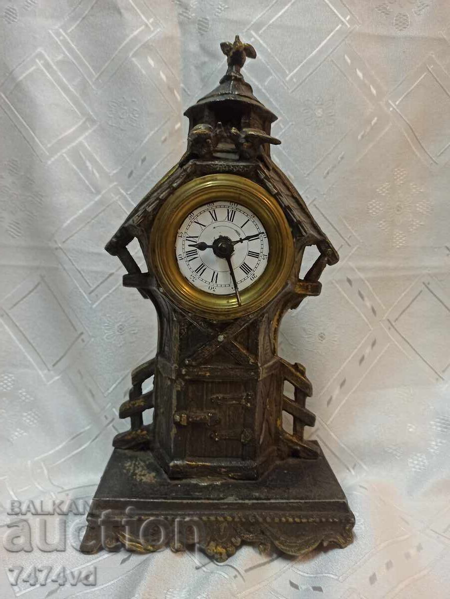 Old antique fireplace clock, porcelain dial 1879