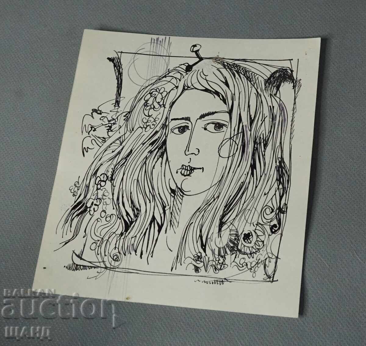 Desen vechi de maestru, tuș, portret chip feminin