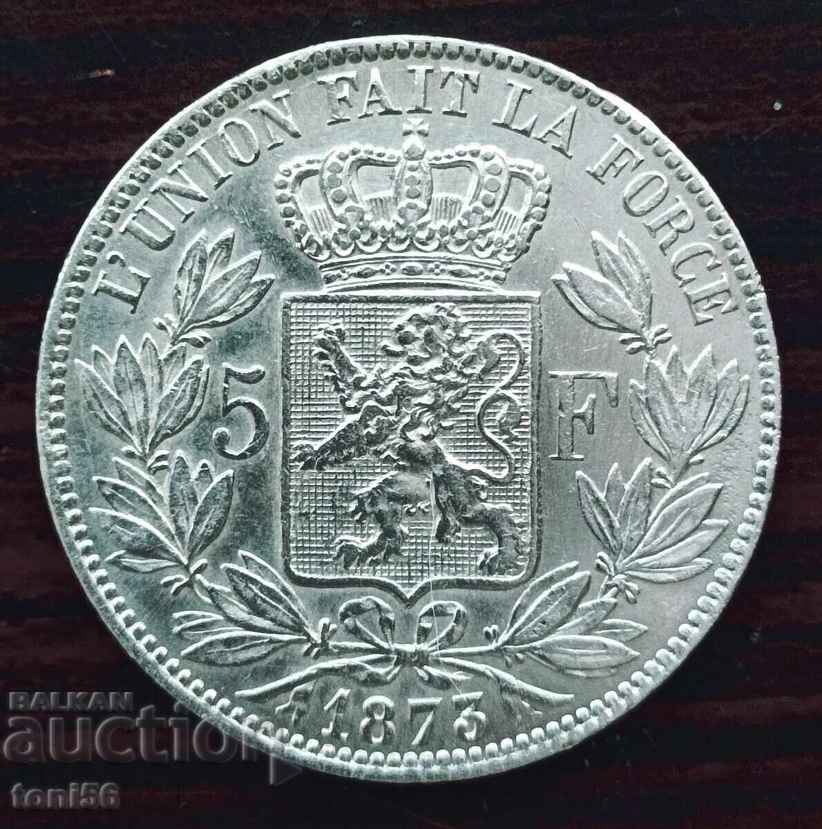 Belgium - Leopold II, 5 Francs 1873 XF-aUNC