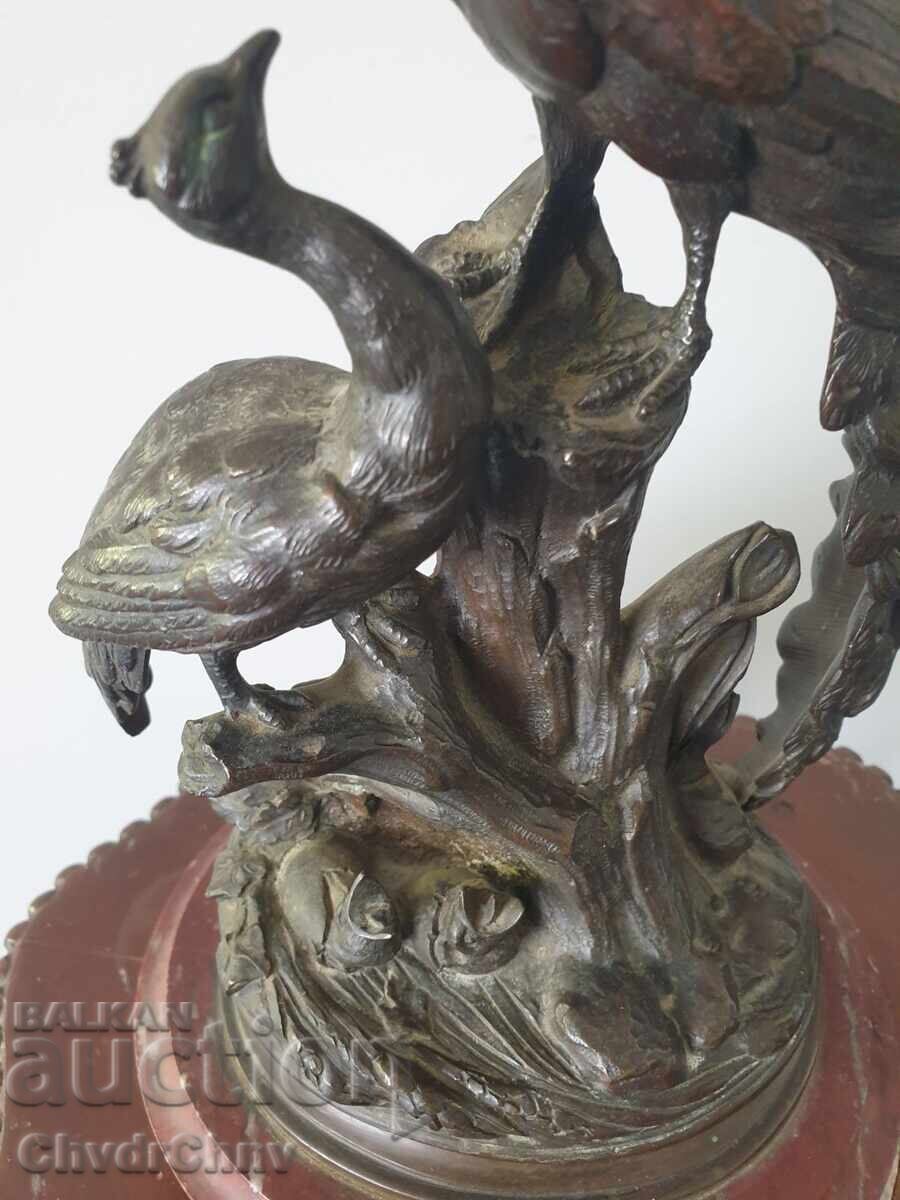 Veche sculptură/figură franceză din bronz cu păuni - 7