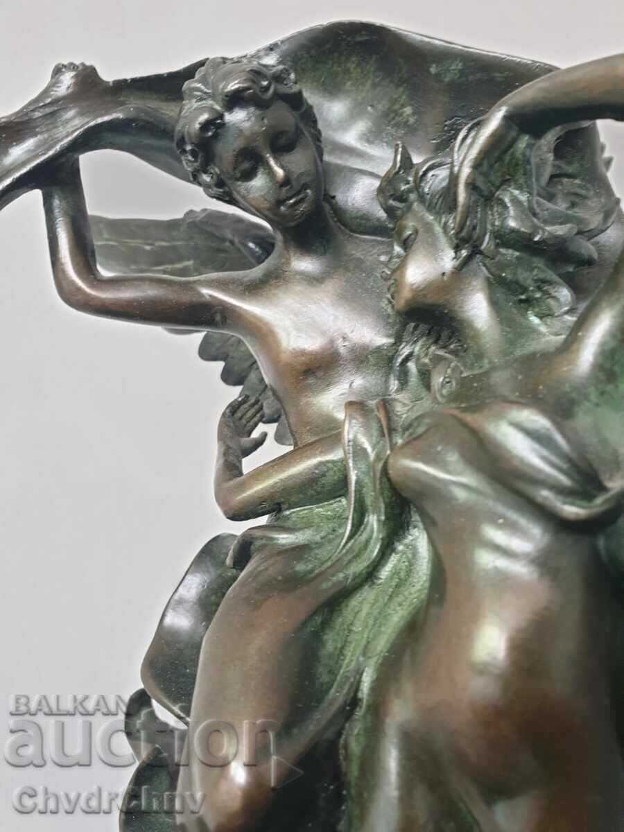 Veche sculptură/figură franceză din bronz cu un înger și o fată - 6