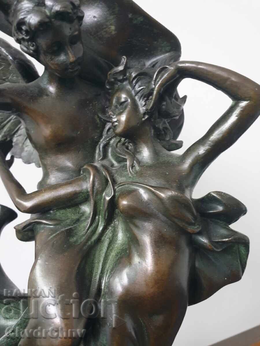 Veche sculptură/figură franceză din bronz cu un înger și o fată - 7