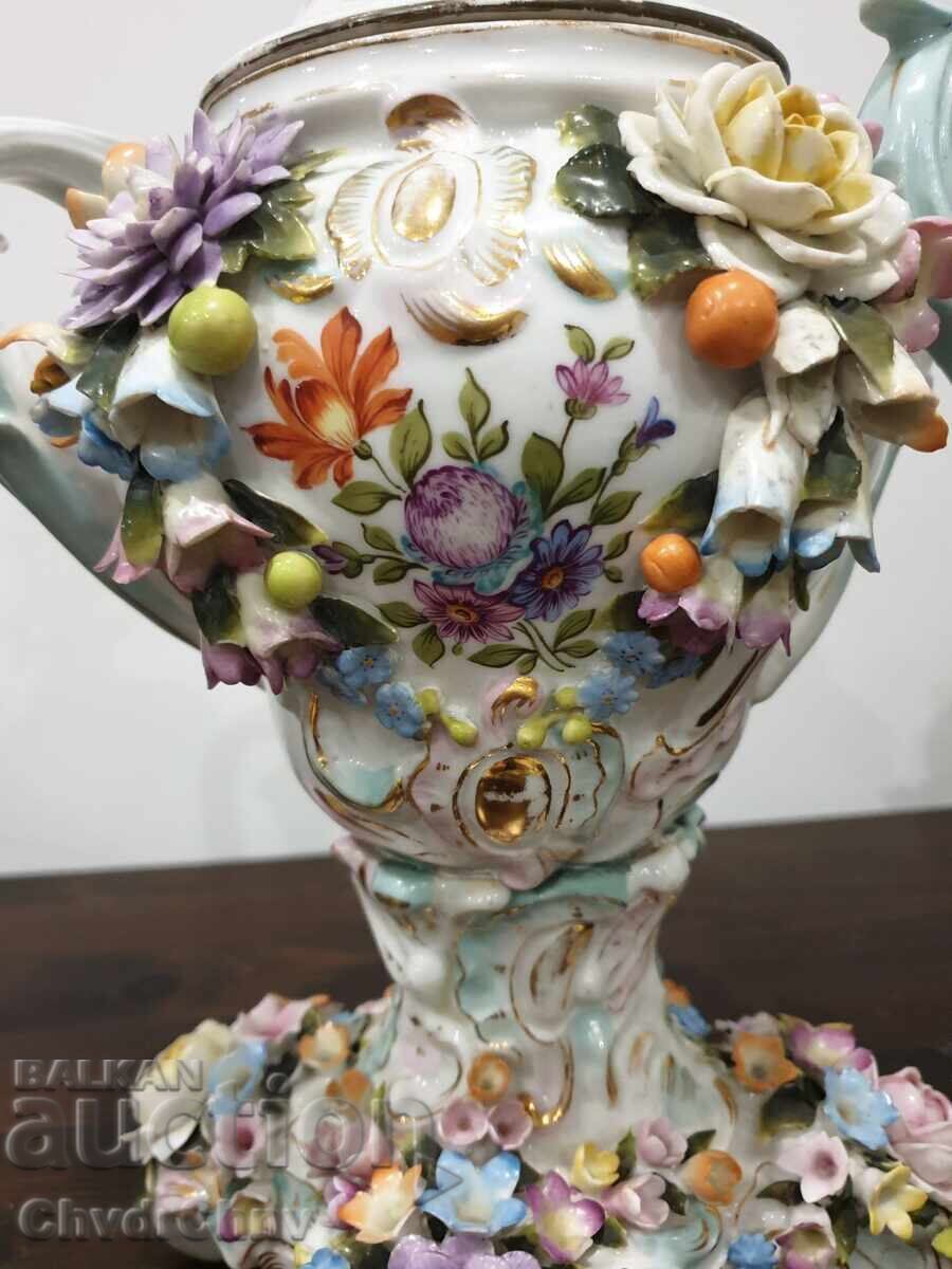 Vază figurină Sitzendorf veche de 40 cm cu capac, cu înger-heruvim - 5 Vază figurină Sitzendorf veche de 40 cm cu capac, cu înger-heruvim - 5