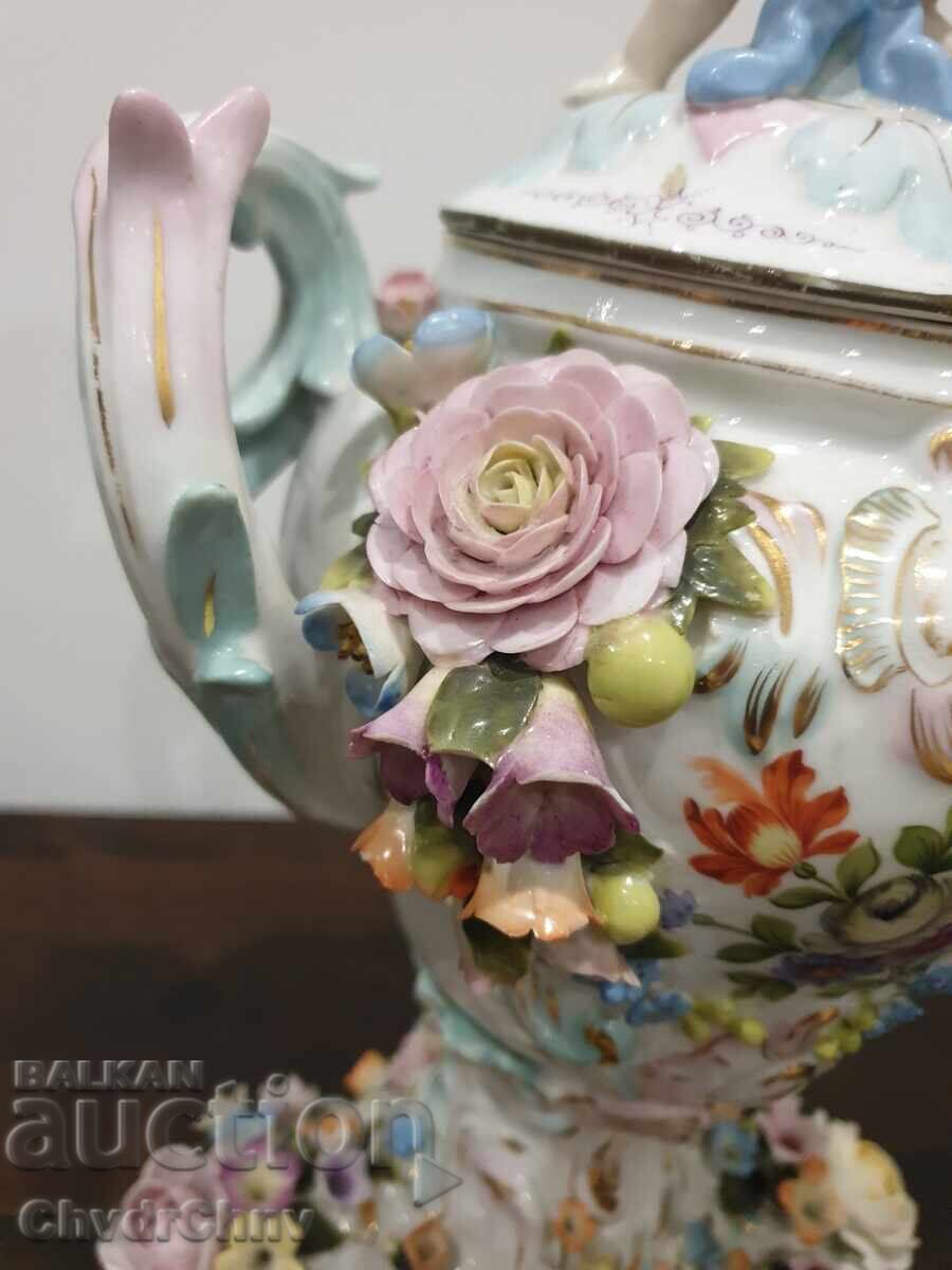 40см стара Sitzendorf фигурална ваза с капак с ангел-херувим - 6 40см стара Sitzendorf фигурална ваза с капак с ангел-херувим - 6